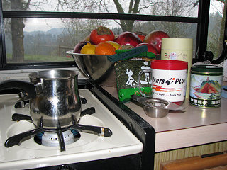 My tea pot and tea mug in my motor home, photograph copyright Lorelle VanFossen