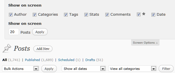 WordPress Post View - set the quantity of posts viewed through Screen Options