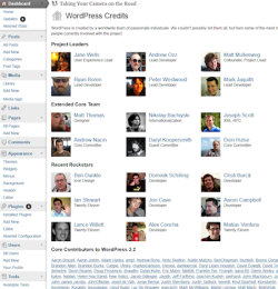 WordPress 3.2 new Credit Panel showing off who contributed to development