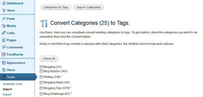 The Convert Categories and Tags to Categories and Tags panel in WordPress.