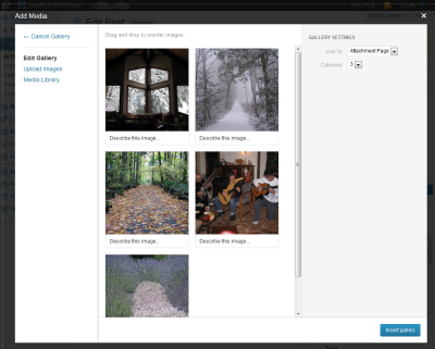 Example of the gallery editor for WordPress Media Manager with several images to sort and arrange.