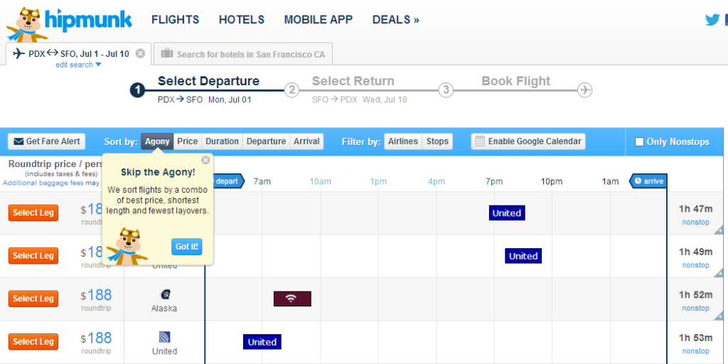 Hipmunk Arlines Flight Search Service offering sorting by agony.