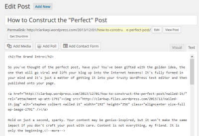 Example of the WordPress Classic Text Editor with post content.