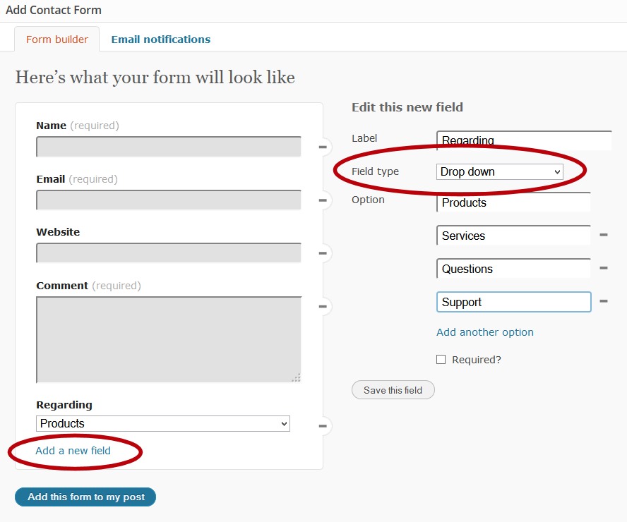 Add drop. Add contact. Dropdown field. Add New comment. Pre-contact form example.