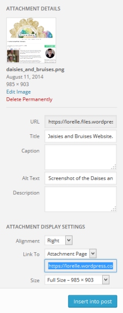 The WordPress Media Uploader and Manager Attachment Details Settings screencapture - Lorelle's WordPress School.